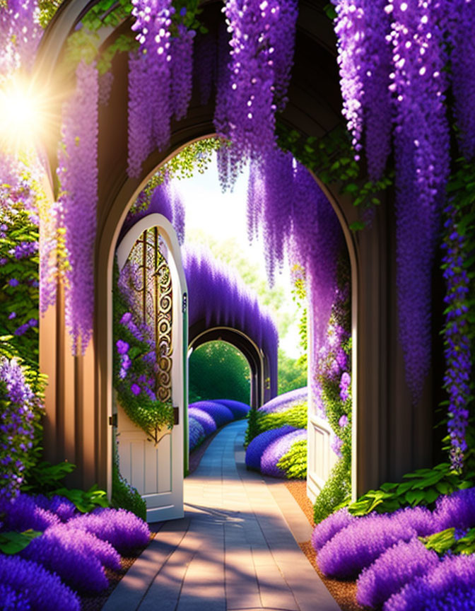 Vibrant purple wisteria garden archway with white ornate door