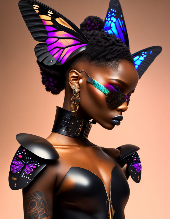 Woman with butterfly wing accessories & futuristic sunglasses in glossy black outfit