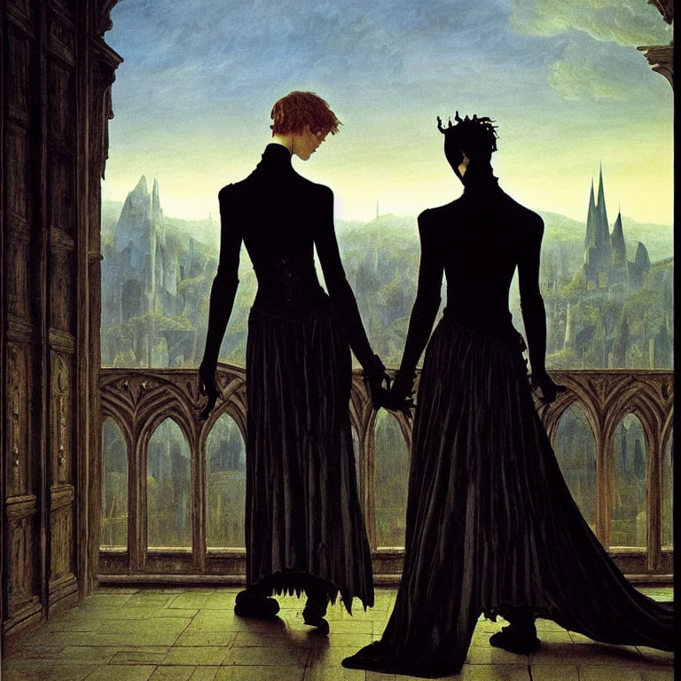 Silhouetted figures in gothic archway gaze at fantasy landscape with twilight sky