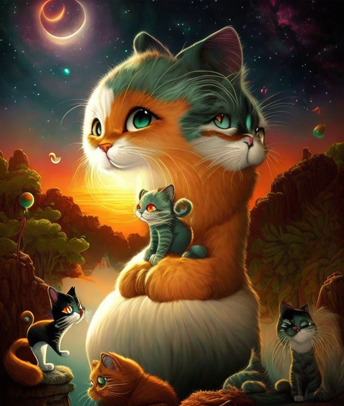 Illustration: Oversized anthropomorphic cats in cosmic landscape