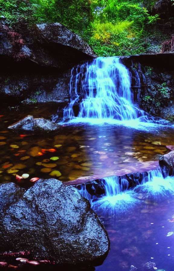 Tranquil waterfall scene with colorful leaves and lush greenery