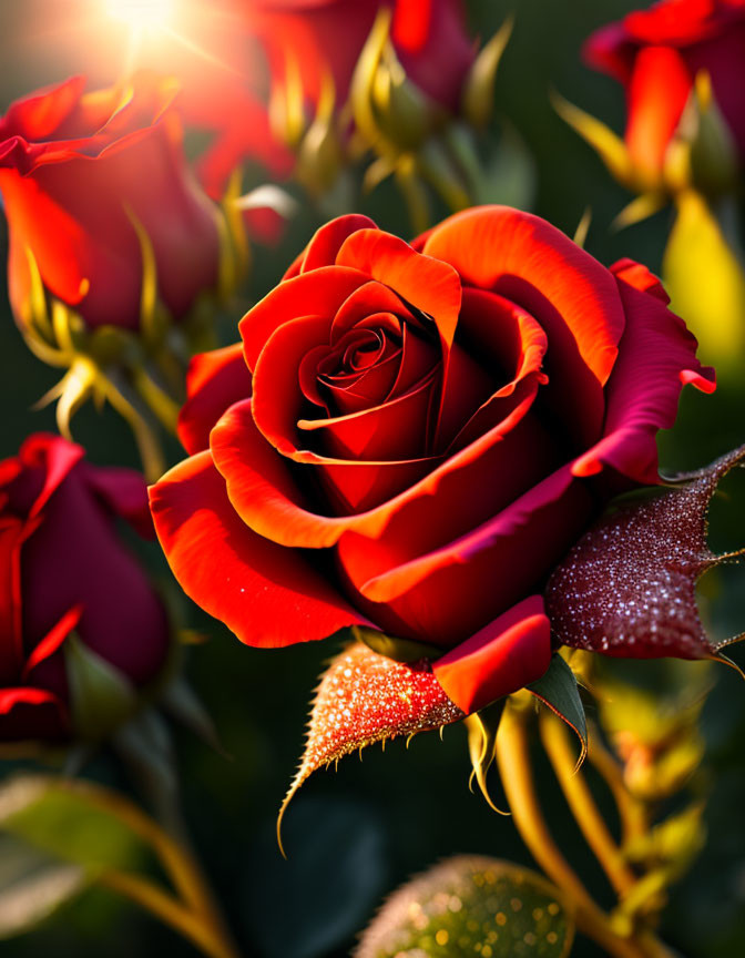 Vibrant red rose with dew drops in warm sunlight