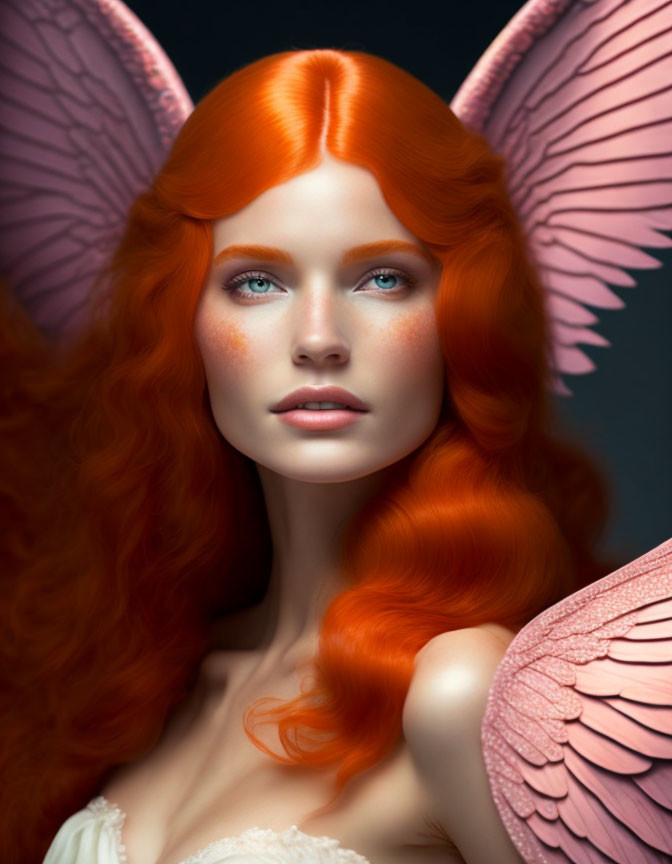 Woman with Orange Hair, Blue Eyes & Butterfly Wings: Fantastical Beauty