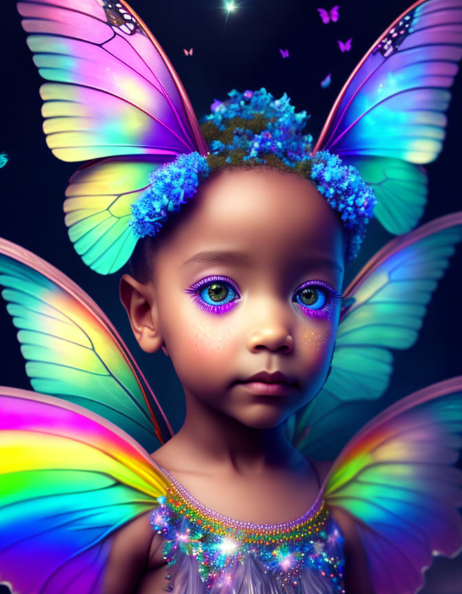 Young girl with vibrant butterfly wings and magical aura.