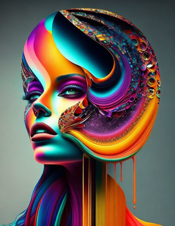 Colorful digital artwork of woman with cosmic-themed hair and liquid colors.