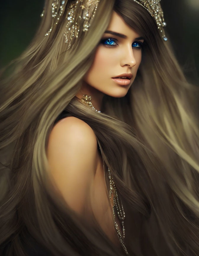 Digital illustration of woman with gray hair, blue eyes, jeweled crown, and necklace