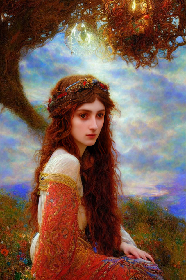 Woman with Long Wavy Red Hair and Floral Headband in Colorful Dreamy Landscape