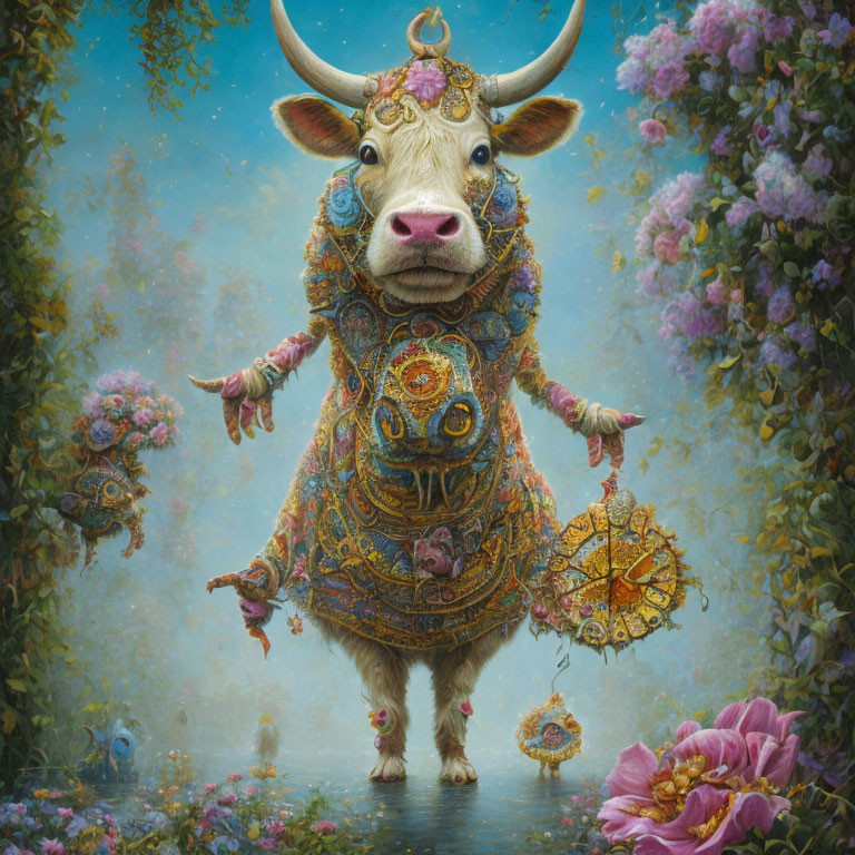 Adorned cow with floral crowns and jewelry in lush surroundings