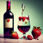 Red wine bottle, pouring glass, and strawberries on pastel background.