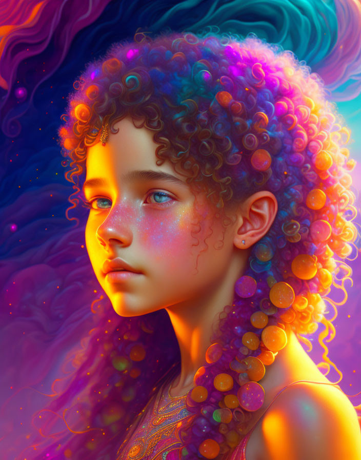 Colorful digital portrait of girl with curly hair in contemplative pose