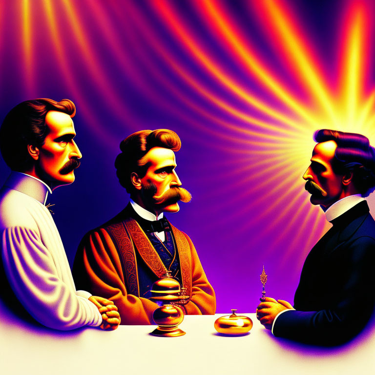 Stylized historical figures in conversation on vibrant backdrop