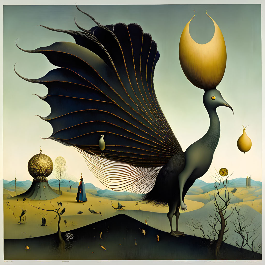 Large ornate bird with crescent moon in surrealistic painting.