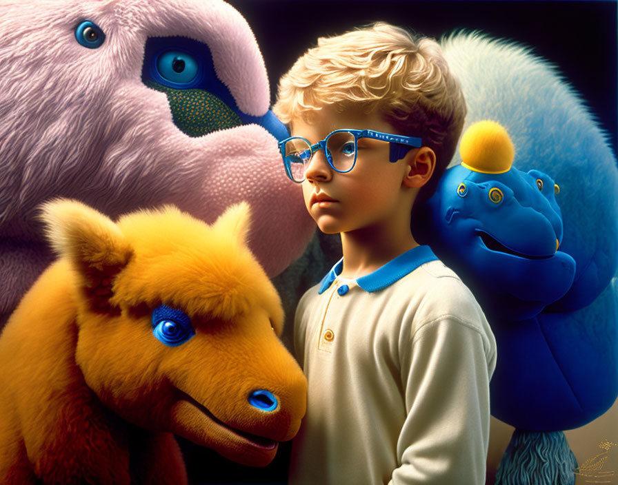 Young boy with glasses in whimsical creature-filled scene