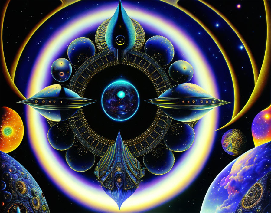 Colorful cosmic artwork with celestial bodies, eye symbol, intricate patterns, and spacecraft.