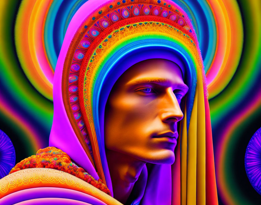 Colorful Psychedelic Digital Artwork of Person in Hooded Cloak