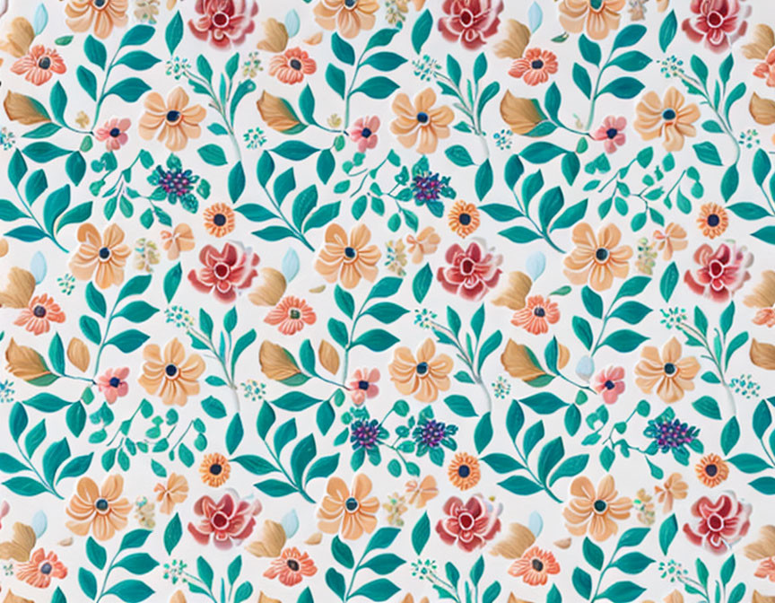 Colorful Floral Pattern with Stylized Flowers and Leaves on White Background