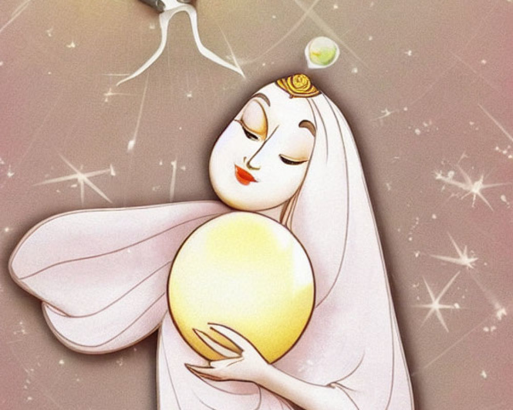 Stylized woman holding glowing orb in East Asian-inspired theme