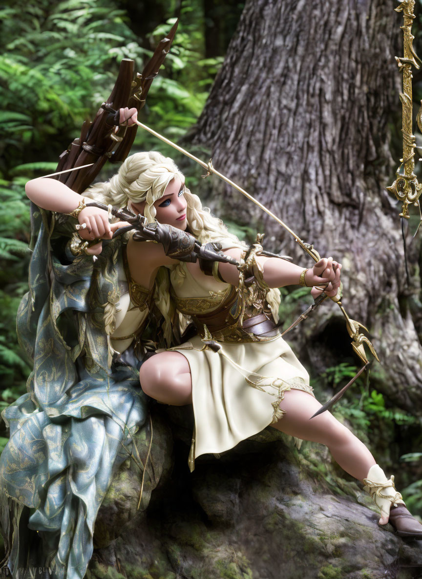 Fantasy elf cosplay with bow and arrow in forest setting