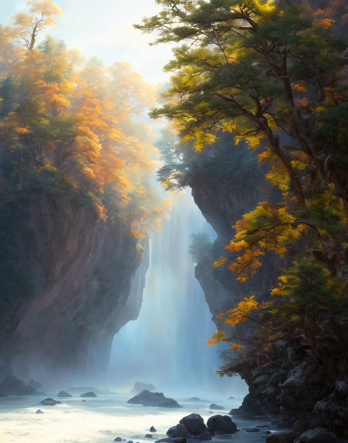 Tranquil waterfall in autumn forest with golden sunlight