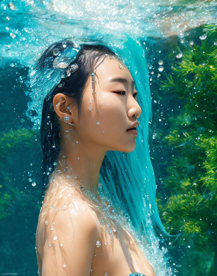 Blue-tinted hair woman underwater with bubbles and greenery