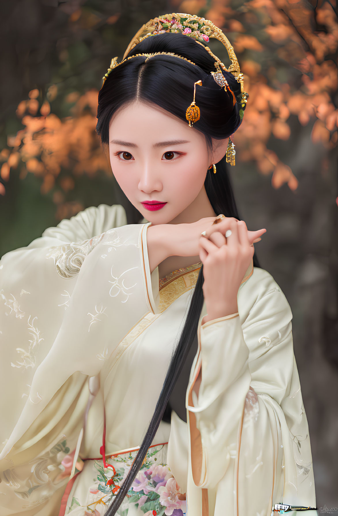 Traditional Asian Attire Woman Poses Amid Autumn Leaves