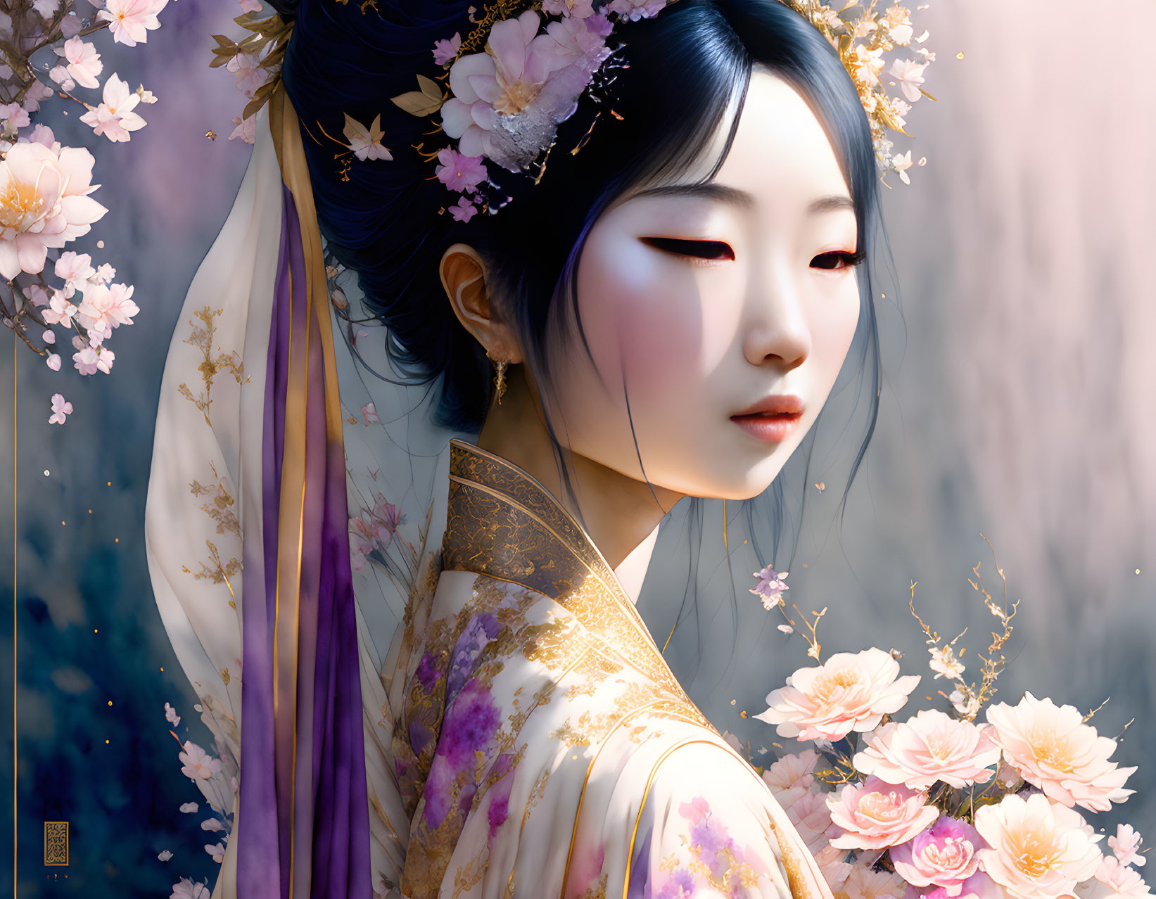 Traditional attire woman with cherry blossoms and floral backdrop.