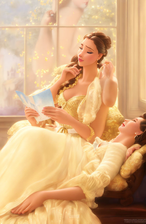 Illustration of Two Women in Elegant Yellow Dresses by Window Reading and Listening