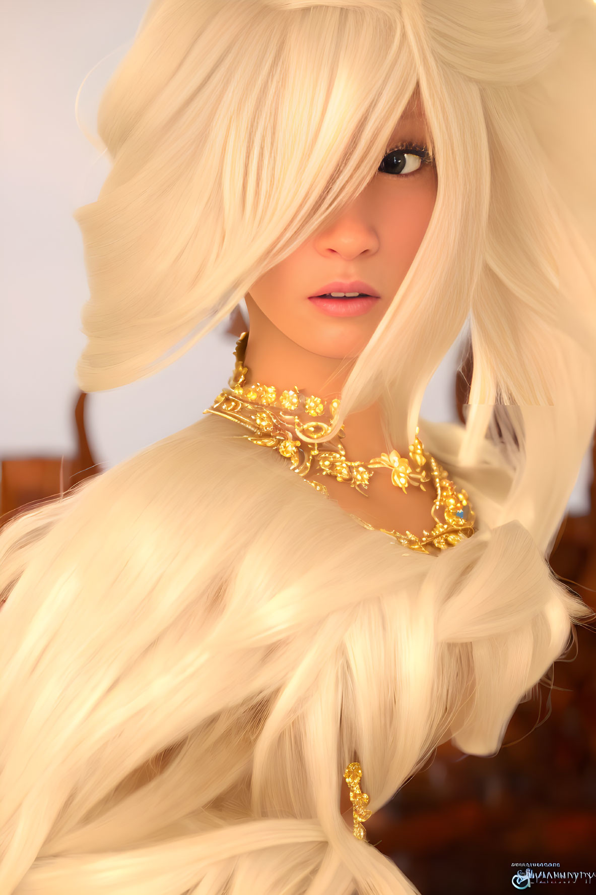 3D-rendered woman with flowing blonde hair and gold jewelry