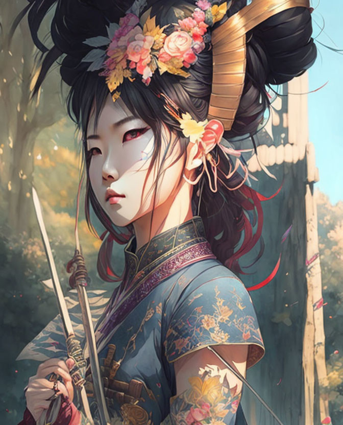 Traditional hairstyle woman with floral headpiece and bow in nature.