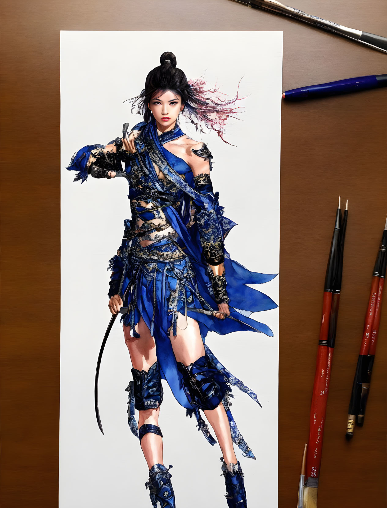 Warrior woman illustration in dynamic blue armor with artistic strokes and pens nearby