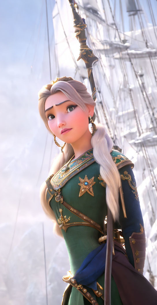 3D animated female character with long braided hair in green and gold outfit standing by ship's rig