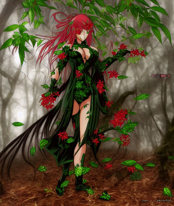 Red-haired animated character in green flora dress with red flowers in misty forest scene