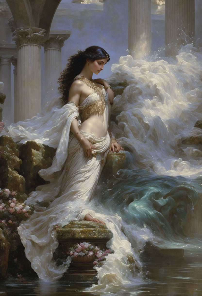 Ethereal woman in white and gold gown on stone steps among waves and flowers