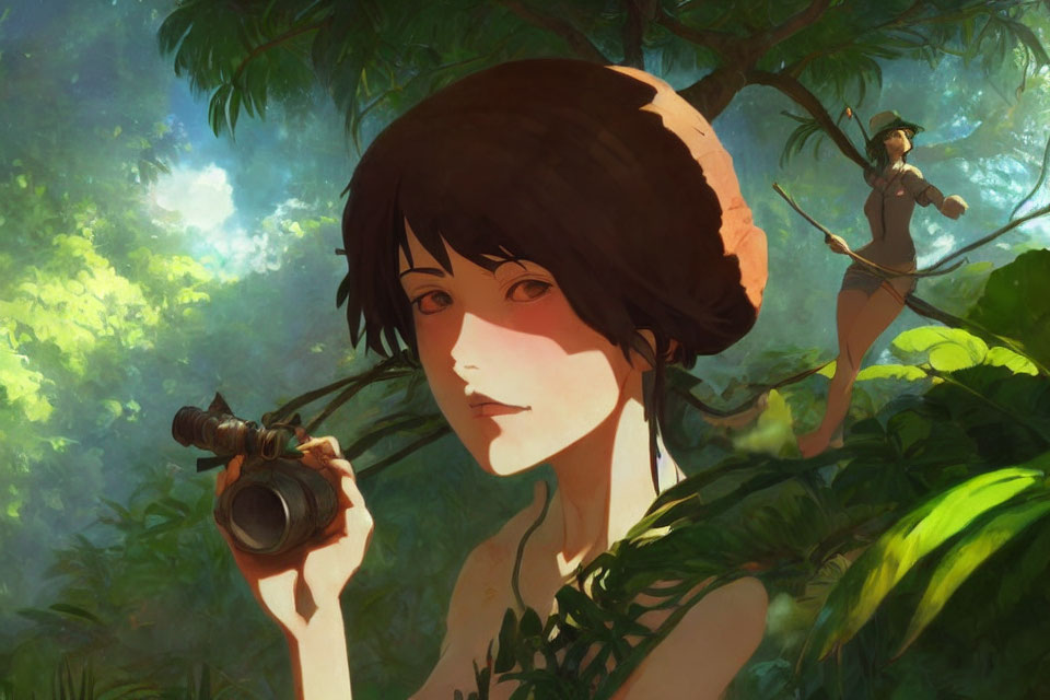 Illustrated female character with camera and second character leaping in lush green forest.