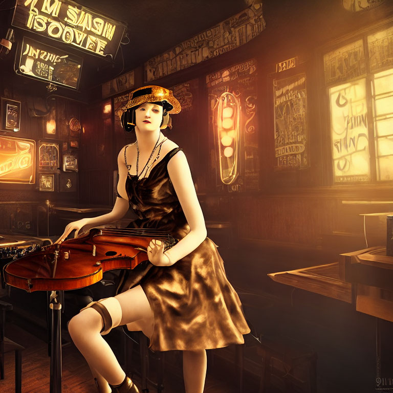 Woman in vintage dress with cello in dimly lit bar