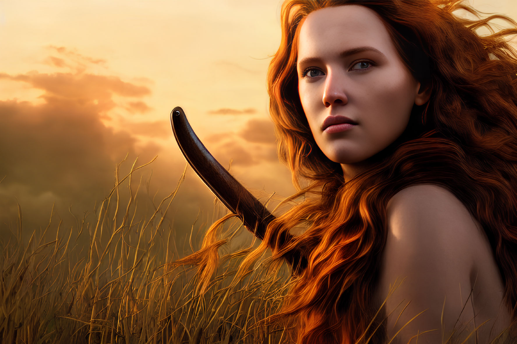 Woman with Red Hair Holding Knife in Golden Field at Sunset