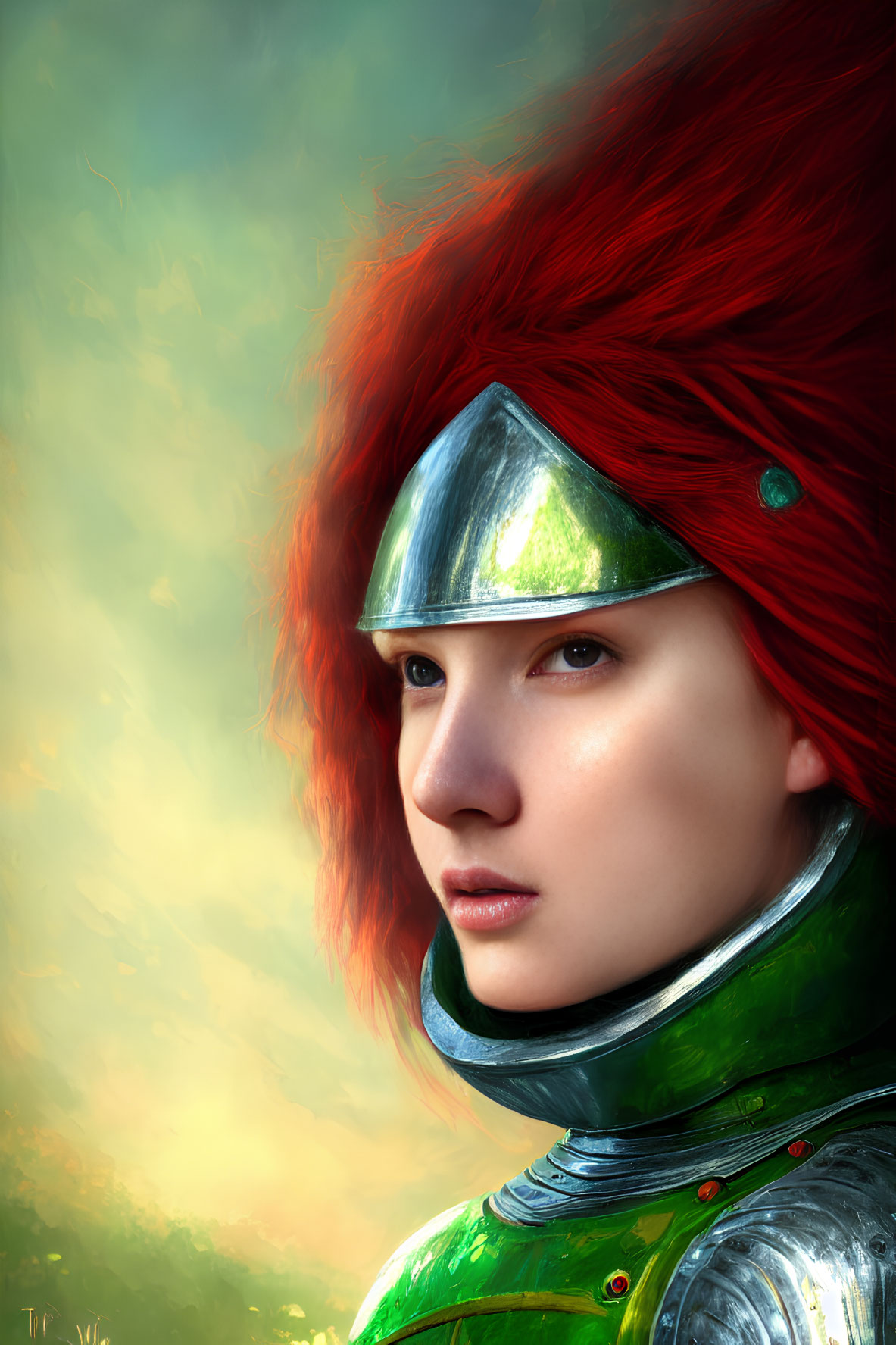 Digital art portrait of person with red hair in silver helmet and green armor on cloudy backdrop
