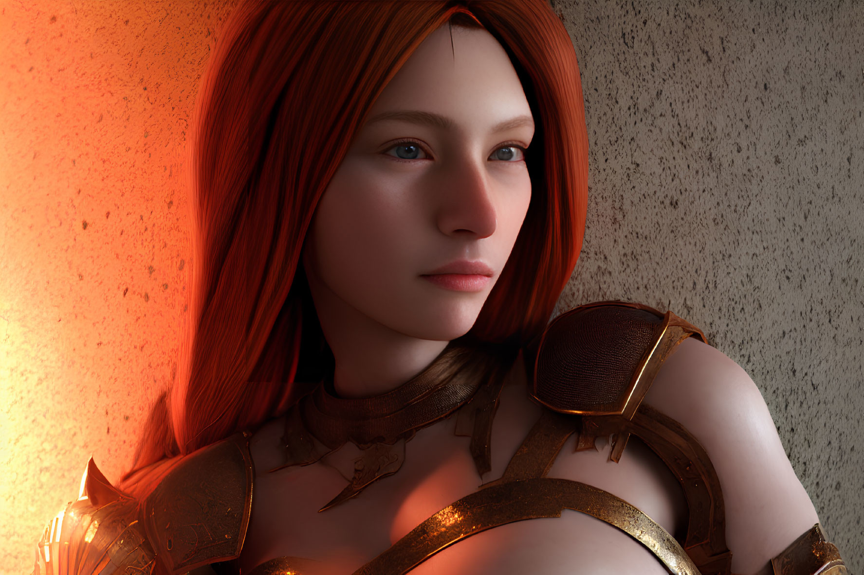 Detailed digital illustration of woman in red hair and medieval armor with warm lighting.