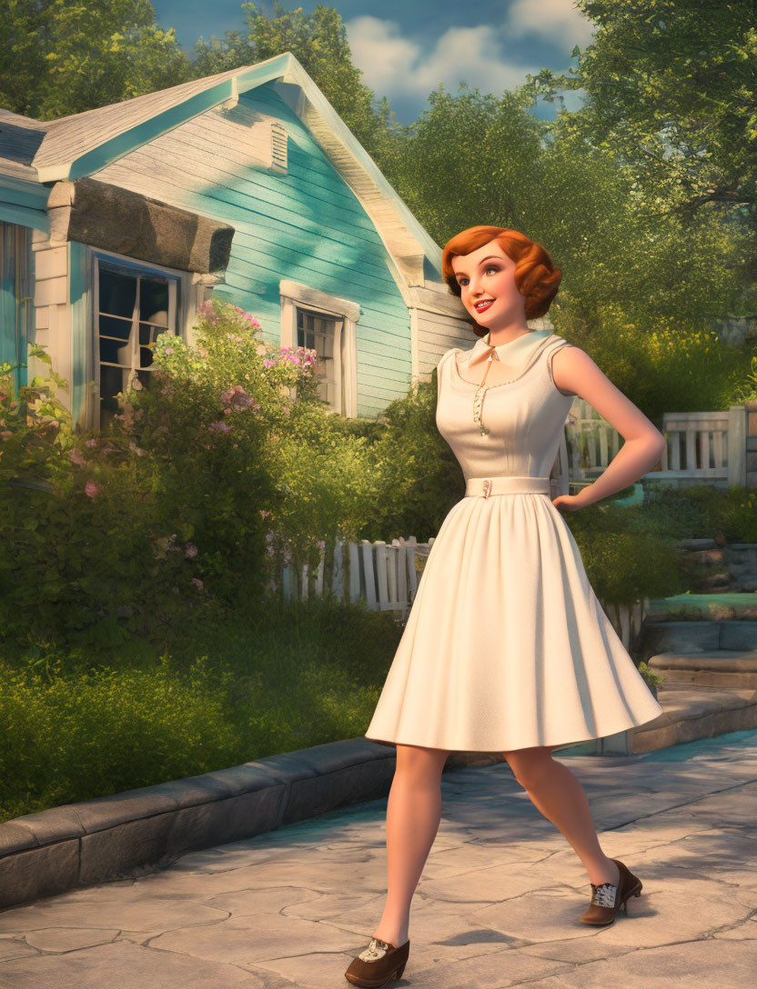 Red-haired woman in white dress by blue house in lush greenery