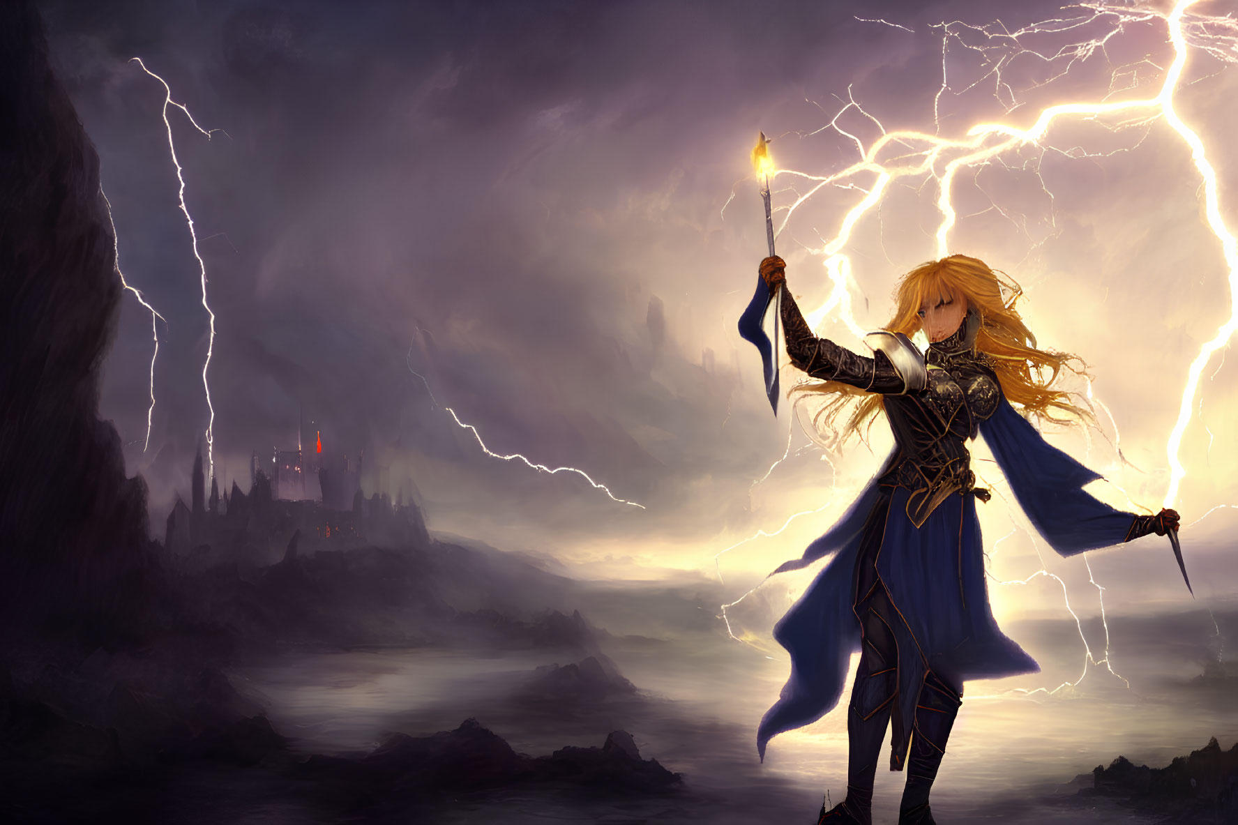 Medieval figure in blue armor with glowing staff under stormy sky and dark castle