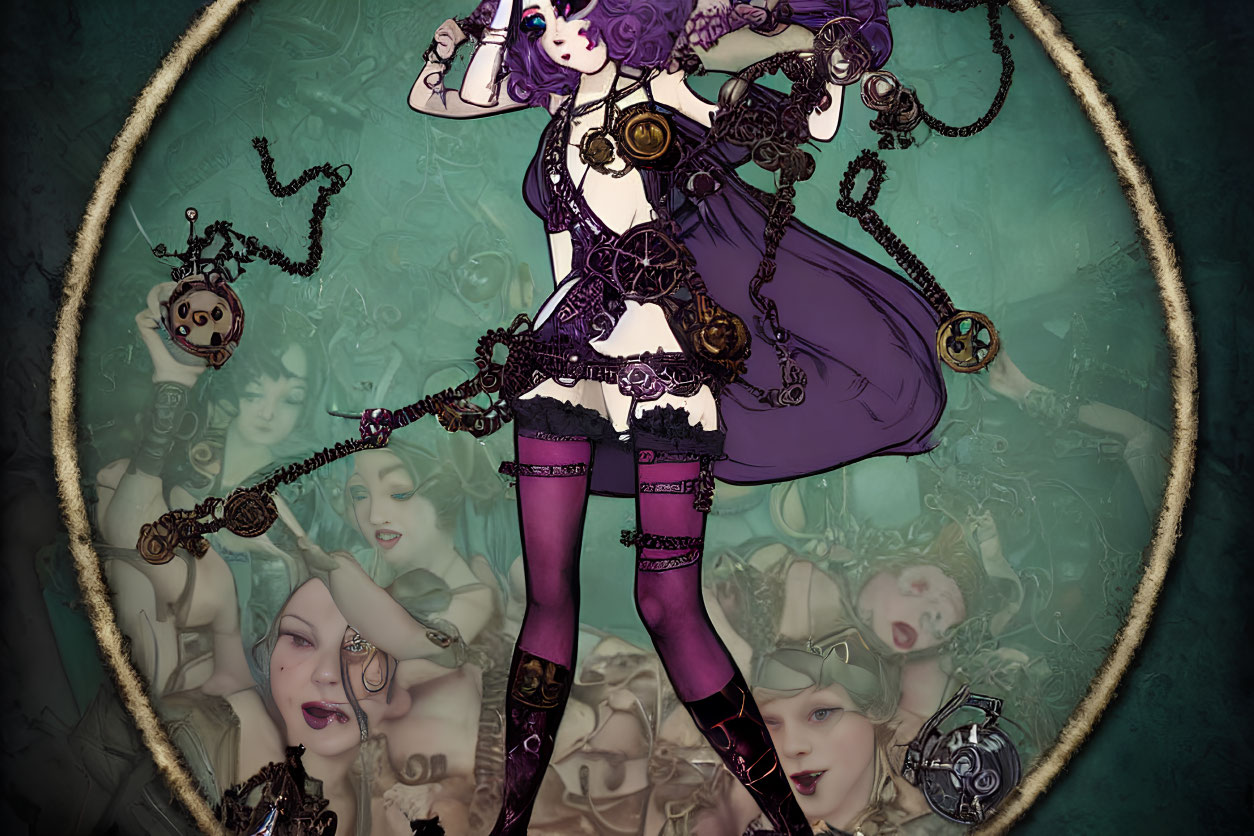 Steampunk-themed female character illustration with key and clockwork motifs