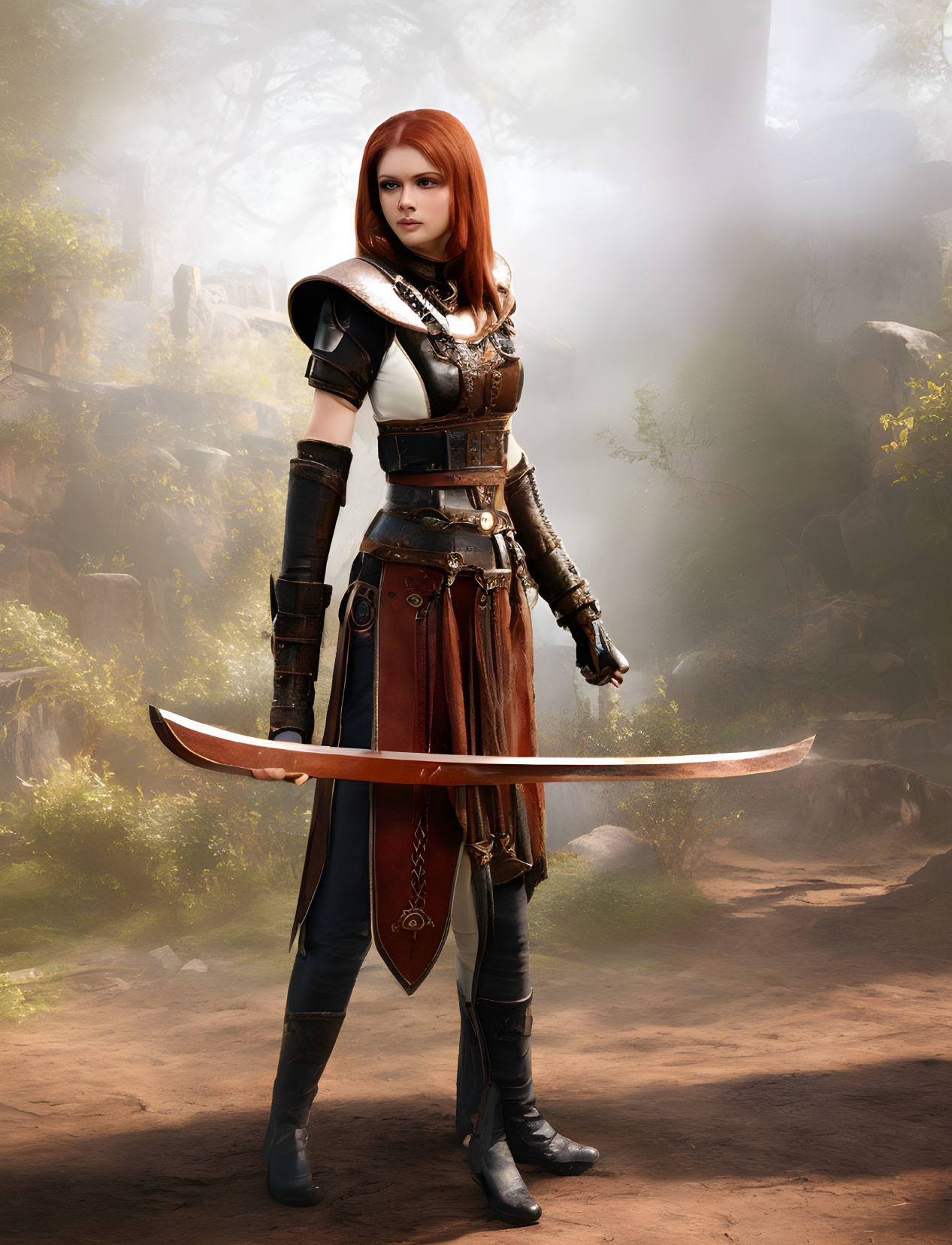 Red-haired female fantasy warrior in detailed brown and black armor wields a long sword in misty forest