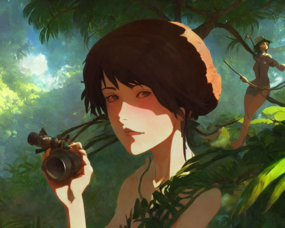 Illustrated female character with camera and second character leaping in lush green forest.