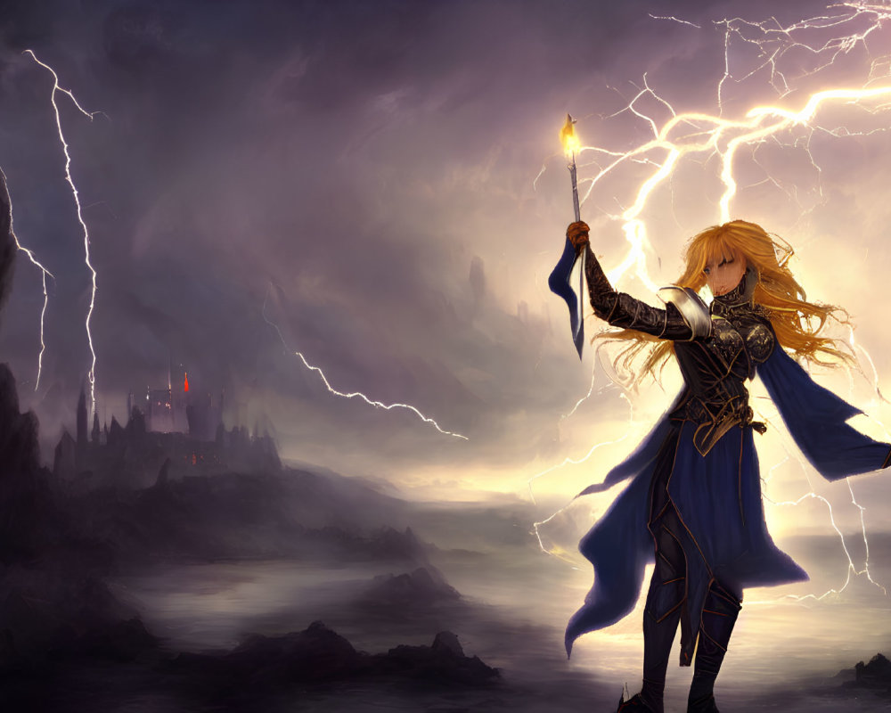 Medieval figure in blue armor with glowing staff under stormy sky and dark castle