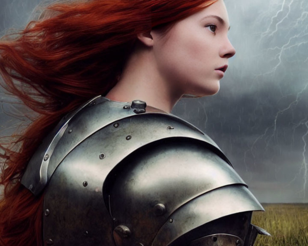 Red-haired woman in metal shoulder armor against stormy sky with lightning