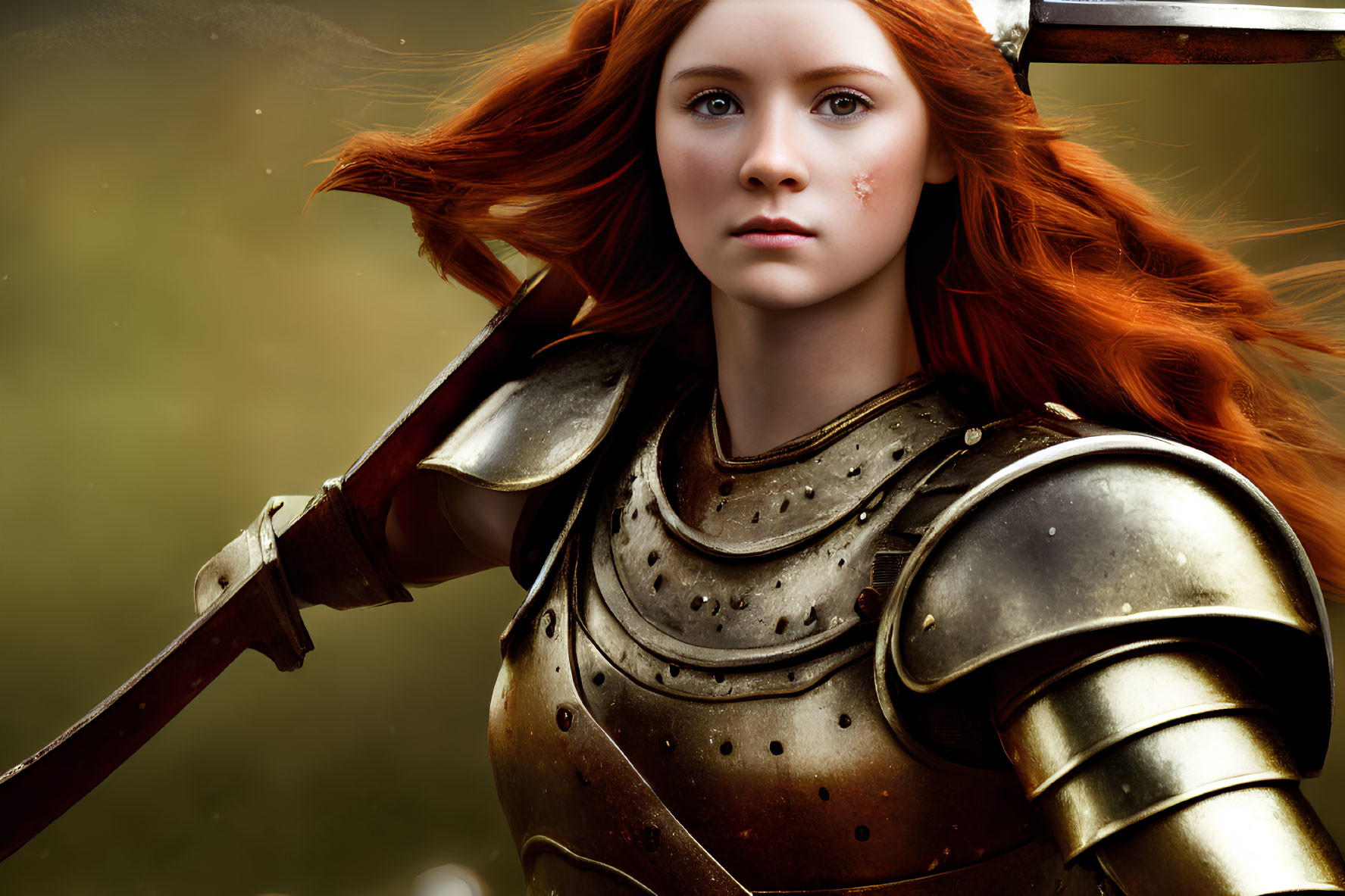 Red-haired woman in medieval armor with sword and scar on cheek