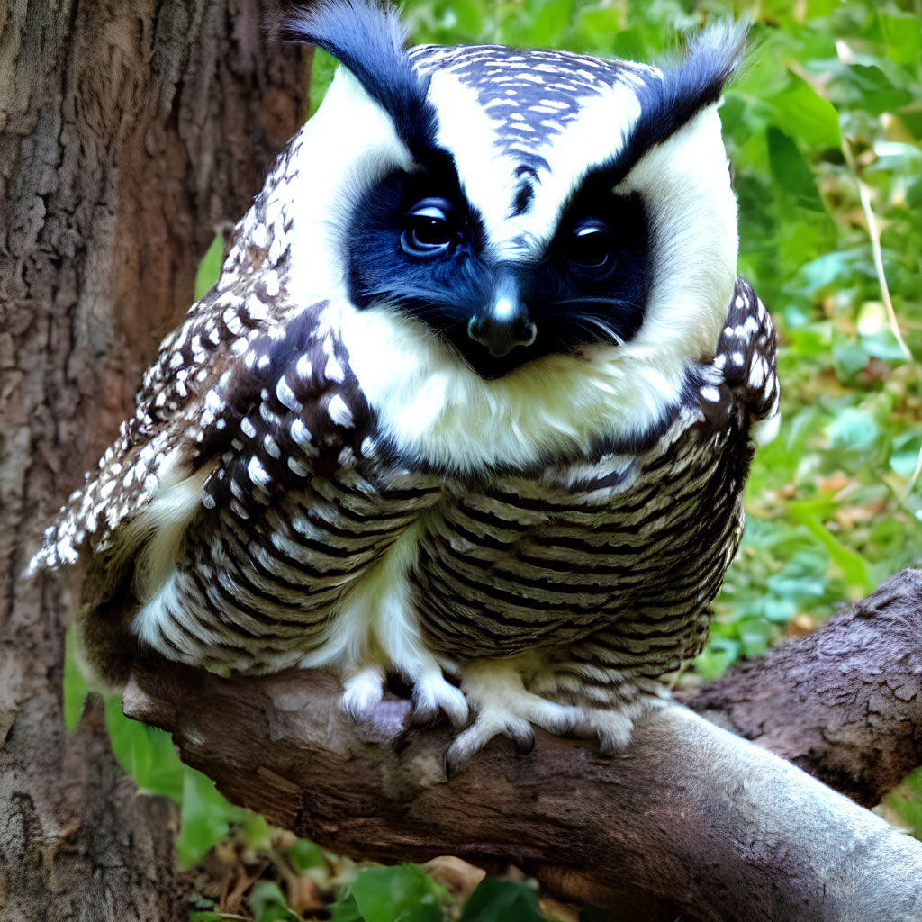 Owl-bodied creature with badger face on tree branch