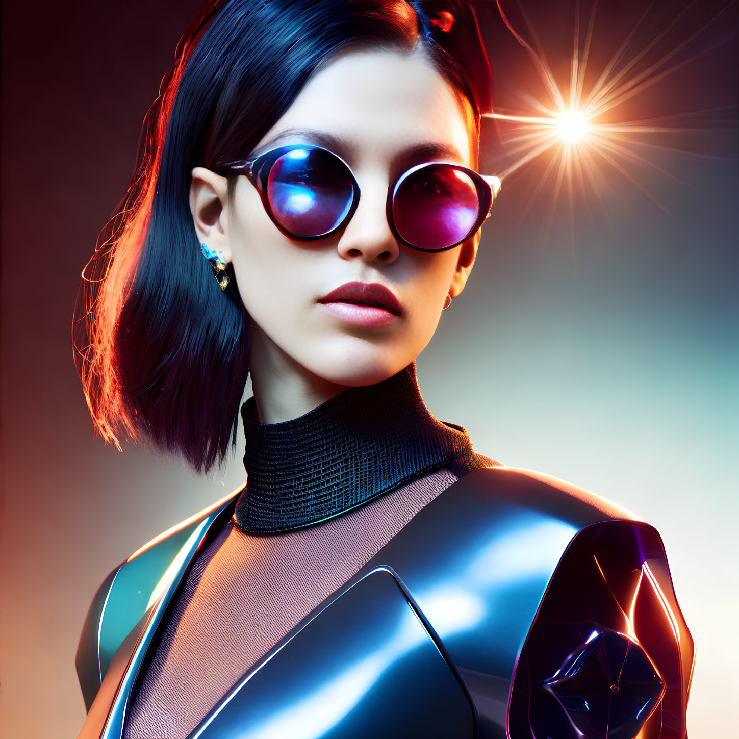 Futuristic woman in sleek sunglasses and high-tech suit against dynamic multicolored background