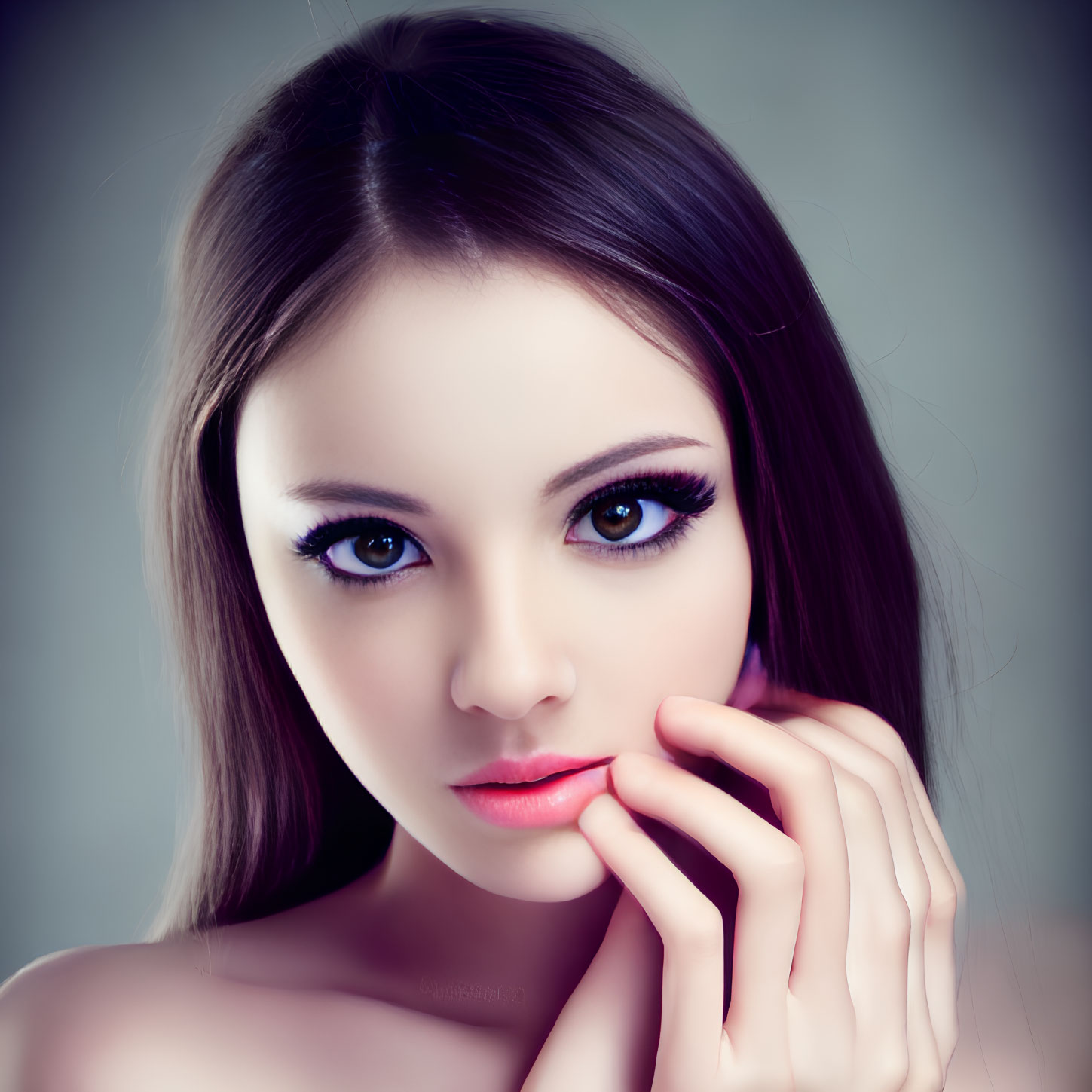 Close-up portrait of woman with large blue eyes and pink lips resting chin on hand