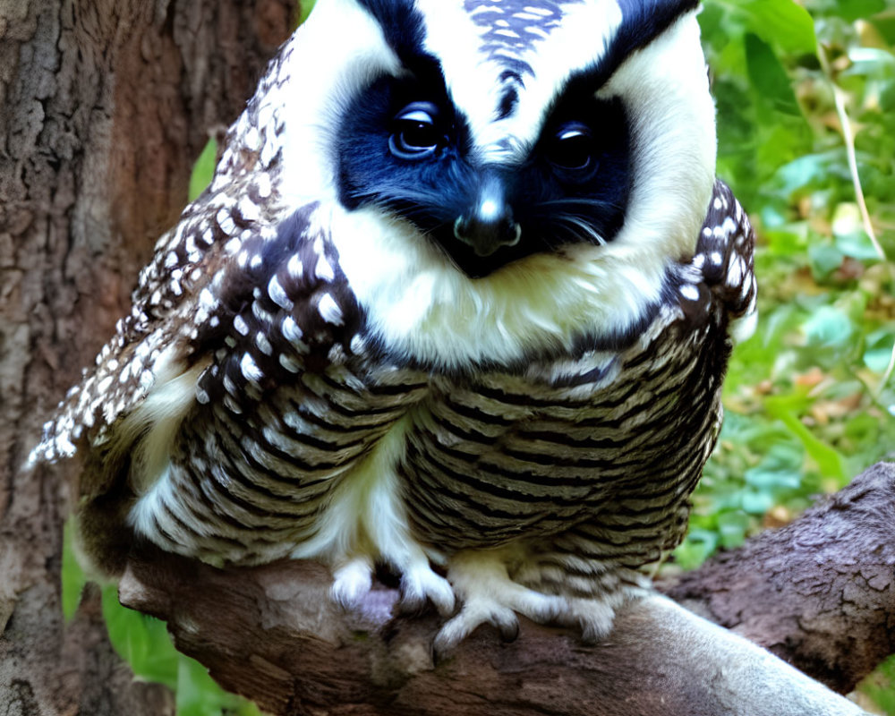 Owl-bodied creature with badger face on tree branch